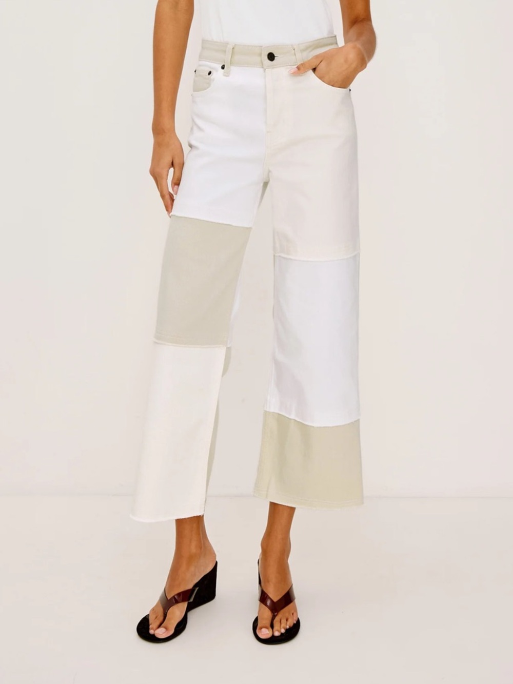 Rails Colorblock Wide Leg Patchwork Jeans in White & Cream, Size 25